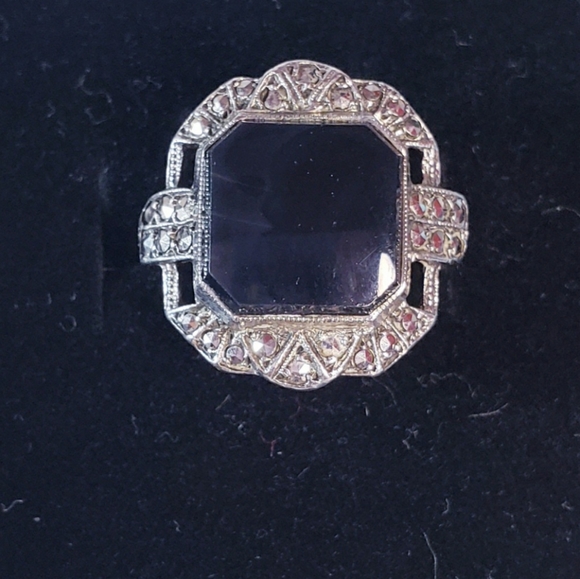Vintage Art Deco Style Black Onyx & Marcasite Cocktail Ring Sz4 - Picture 6 of 7